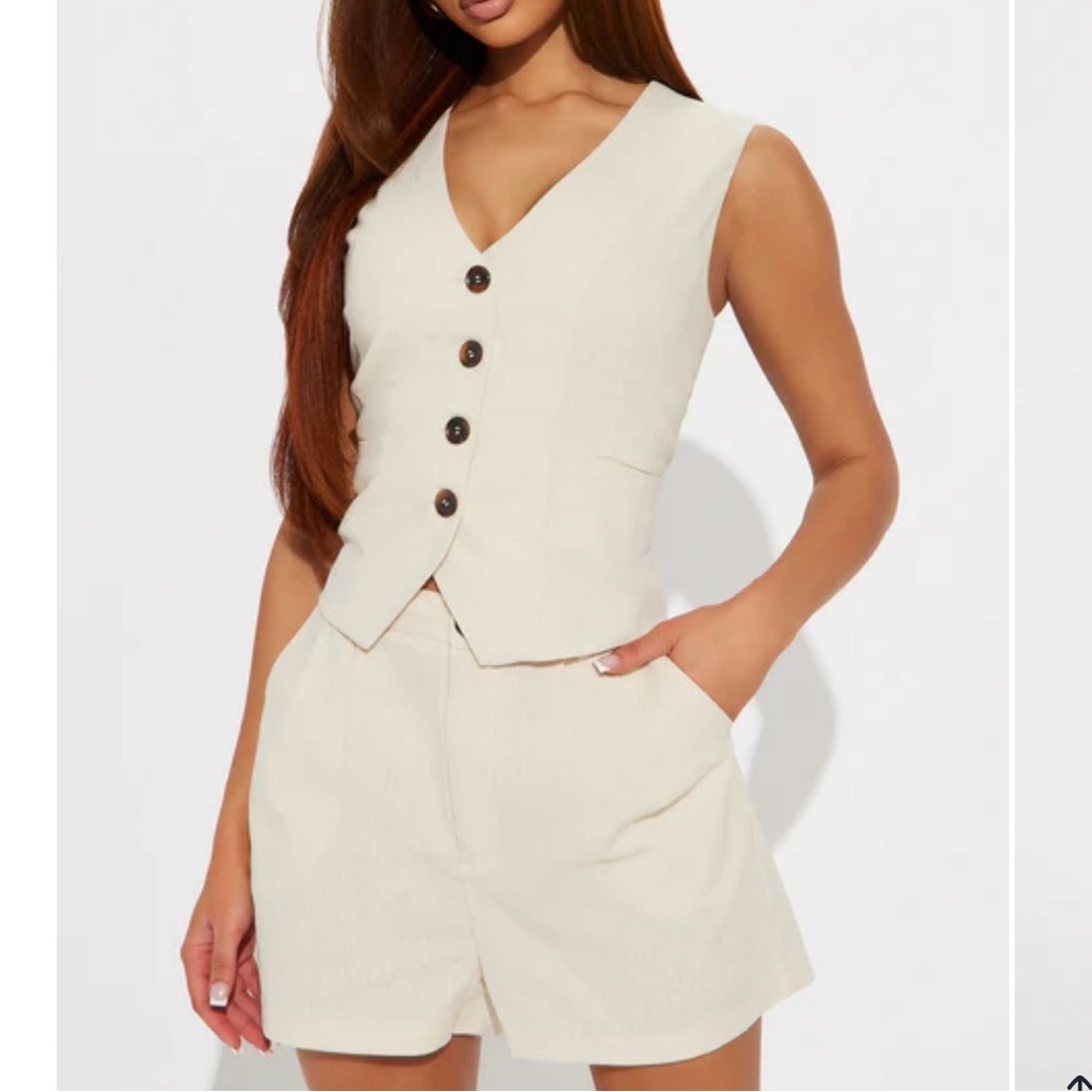 NEW Fashion Nova Stylish Cream Linen Button-Up Vest and Shorts Set